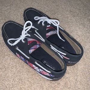 Navy Sperry Top-Siders With Red/White/Blue Plaid